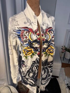 Vintage Christian Audinger Zip-Up Unisex Jacket with Multi-Color Tattoo Print